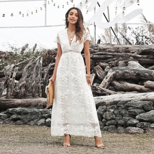Solid Color White V Neck Dress Summer Dresses for Women Fashion Elegantes Lace Crocheted Hollow Out High Waist Long Party Dress