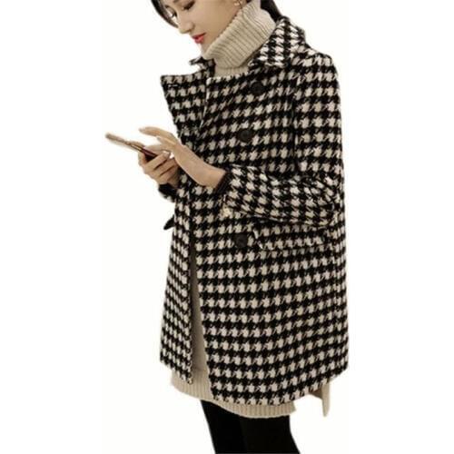 2019 New Woolen Coat Womens Medium Long Section Suit Collar Double-Breasted Plaid Wool Blend Coat Autumn Winter Warm Jacket A55