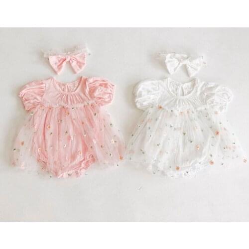 2021 0-18M Cute Toddler Baby Girl Romper Dress Daisy Puff Short Sleeve Tulle Playsuit+Headband Breathable Princess Summer 2pcs
