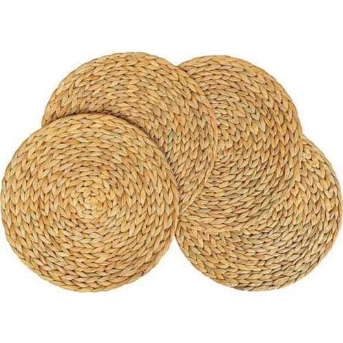 4 Pcs Woven Placemat,Natural Hyacinth Woven Placemat,Round Woven Rattan Table Mat, for Kitchen Party Wedding Decoration