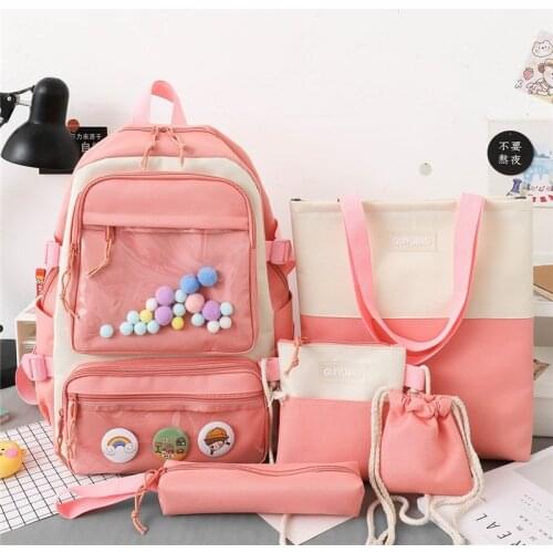 5 Piece Set School Bags For Teenage Girls Women Backpack Canvas Travel Bagpack Women Notebook Bookbags Teen Student Schoolbag 56