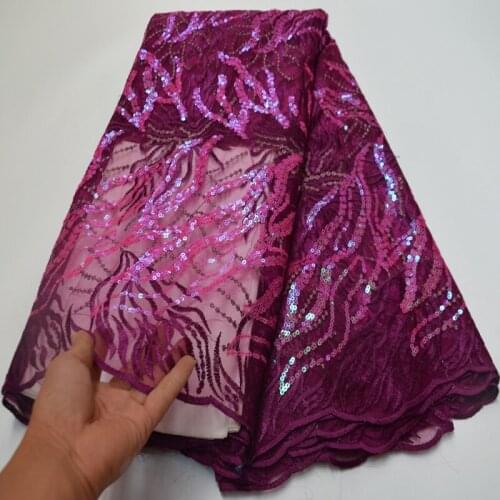 5yards/pc) Wonderful embroidered African French net lace fabric in deep fuchsia with shining sequins for party dress FLP253