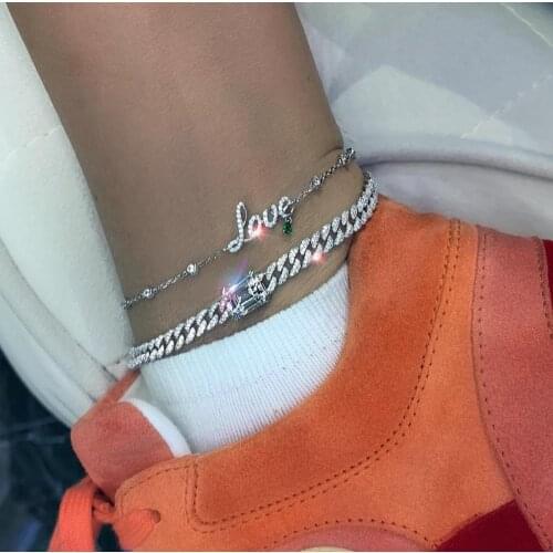 9" 10" Micro pave 5A cz 7mm cuban link chain iced out bling baguette Heart CZ leg chain summer hot women anklet