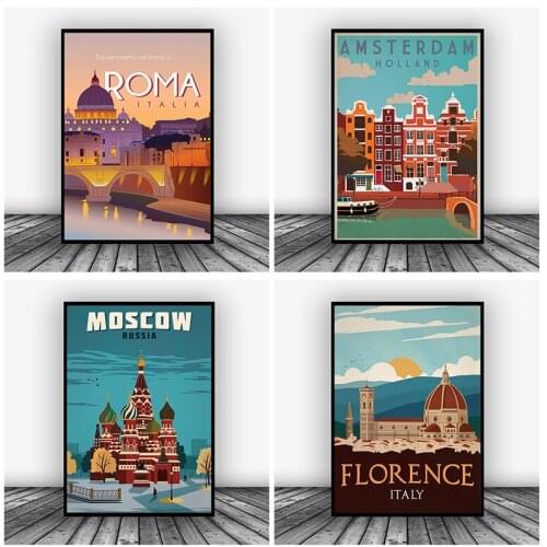 Rome Moscow Florence City Travel Poster Canvas Prints Decorative Painting Vintage Landscape Famous Buildings Wall Pictures Decor