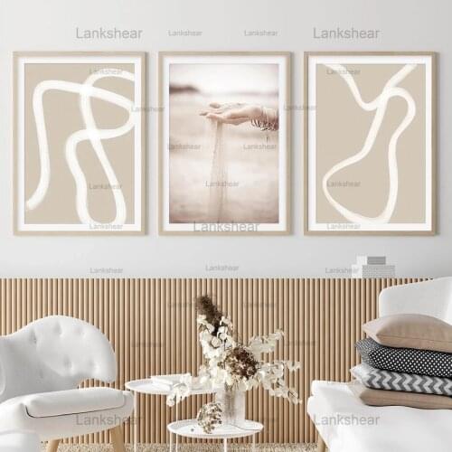 Lankshear Boho Trendy Abstract Beige Line Poster Good Quality Prints Mushroom Sky Wall Art Living Room Frameless Canvas Painting