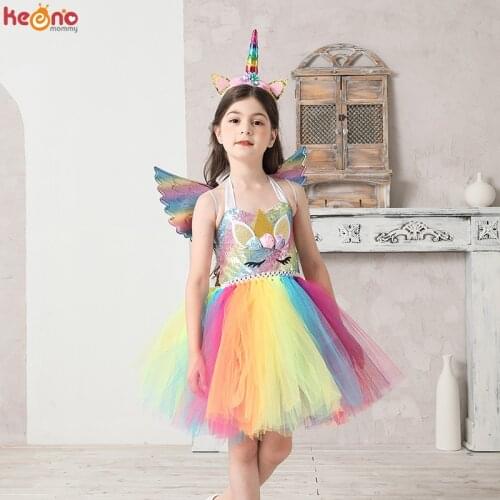 Girls Rainbow Unicorn Costume Kids Sequin Unicorn Tutu Dress with Headband Wing Princess Flower Girls Birthday Party Tulle Dress