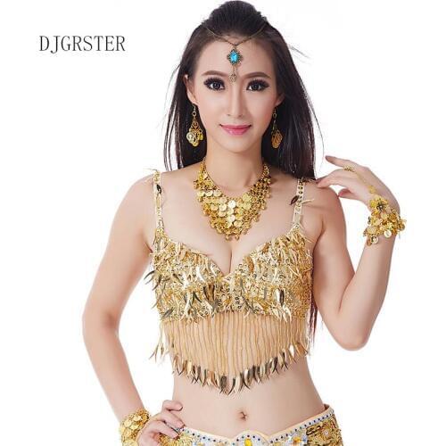 DJGRSTER Oriental Dance Costumes New Arrival Twinkling Sequined Bra Top Beaded Fringe Dancing Costume Sexy Hanging Coin Diamond