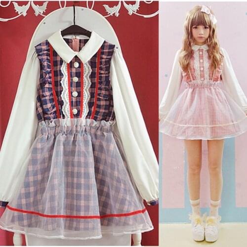 Super Cute Girls Plaid Checks Dress Long Sleeves Double Layers Volle Lolita Dress