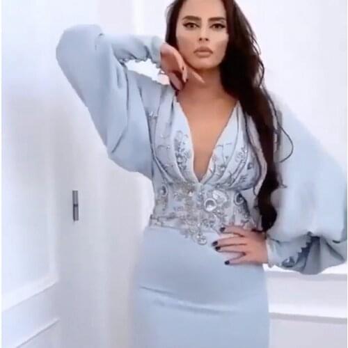 Sheath prom dresses 2021 deep v neck long sleeve beading sequins pearls satin long evening dresses gowns