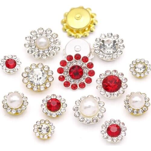 20Pcs Flower Rhinestones Buttons Sliver/Gold Metal Base Crystal/Red/Pearl Button For Clothing Decorative Hair Bow DIY Jewelry
