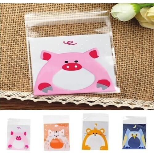 100Pcs Cute Cartoon Cat Animal Self-Adhesive Chocolate Cookie Candy Seal Bags Candy Food Bag Gift Packaging Birthday Treats Bags