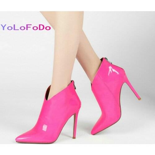Patent PU Leather Women Ankle Boots Fashion Pointed Toe Thin High Heel Women Short Boots Back Zipper Autumn Winter Ladies Boots