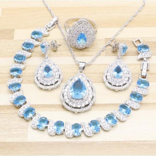 2019 New Sky Blue Semi-precious Heart shaped stone Silver Jewelry Sets For Women Earrings Bracelet Rings Necklace Pendant