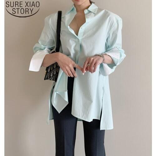 Womens Tops and Blouses OL Style Long Shirts Casual Loose Korean Solid Fashion Split Shirt Turn-down Collar Clothes Shirts 10294