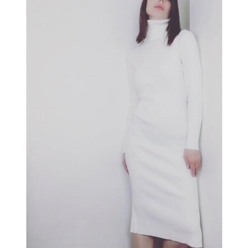 2019 Autumn Winter Women Side Split Sweater Dresses Turn-down Collar Slim Jumper Vestido Long Causal Elastic Knitted Dress