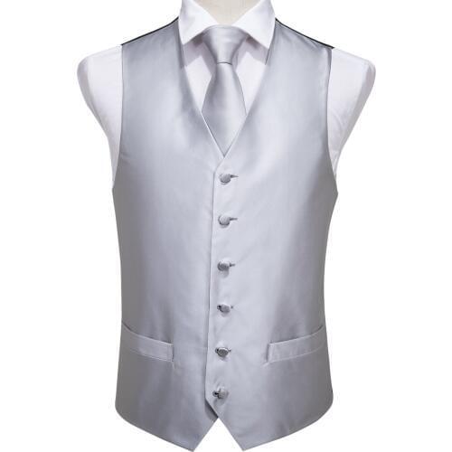 Hi-Tie New Designer Gray Solid Vests For Men Silk Mens Vests Suit Party Business Vests Set With Handky And Cufflinks MJTZ-0001