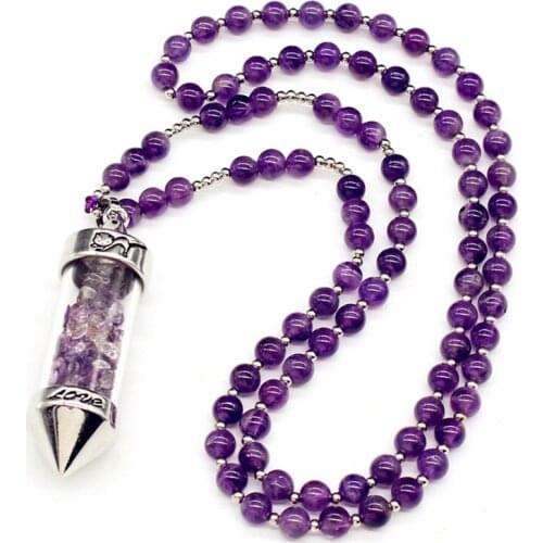 100-Unique 1 Pcs Silver Plated Handmade Round Beads Chain Pendant Natural Purple Amethysts Necklace Stone Jewelry