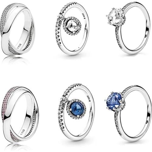 2020 High-quality S925 SWEET PROMISE, Transparent Bright Crown, Blue Dangling Round RING Original Womens Jewelry Gift