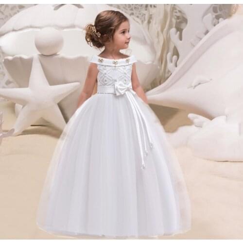 2021 Summer Pink White One Shoulder Long Bridesmaid Dress Girl Bow Gown Kids Clothes For Girls Children Princess Party Wedding