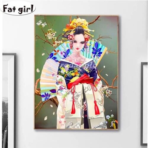 5D diy diamond painting Japanese beauty fan full square round hand drill cross stitch Handmade needlework living room decor