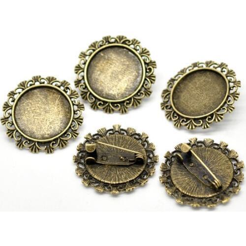 Free Shipping 50pcs Antique Bronze Round Cabochon Frame Setting Brooches 30mm(Fit 19.5mm) Jewelry Findings J0321*5