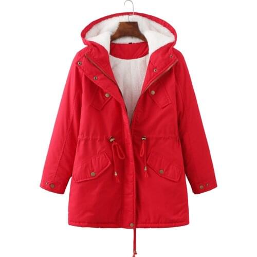 D733 Winter Warm Women Hooded Parker Coat Jacket Adjustable Drawstring Fit Thicked Fleece Wadded Overcoat Outdoor Female Outwear