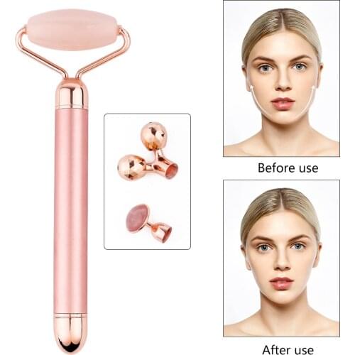 3 In 1 Electric Vibrating Natural Rose Quartz Jade Roller Face Lifting Skin Tighten Dark Circle Removal Beauty Facial Massager