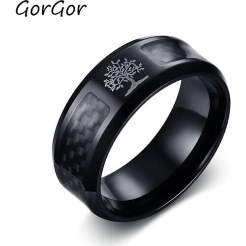 GorGor Trendy Classic 8MM Stainless Steel Carbon Fiber Tree of Life Black Retro Rings for Fashion Men Jewelry Gift R-279