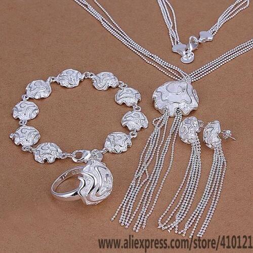 S247 Hot Sale Silver Color Jewelry,Wholesale Fashion Jewelry Elegant Charms Fashion Set Rose Ring Drop Earings Bracelet Necklace