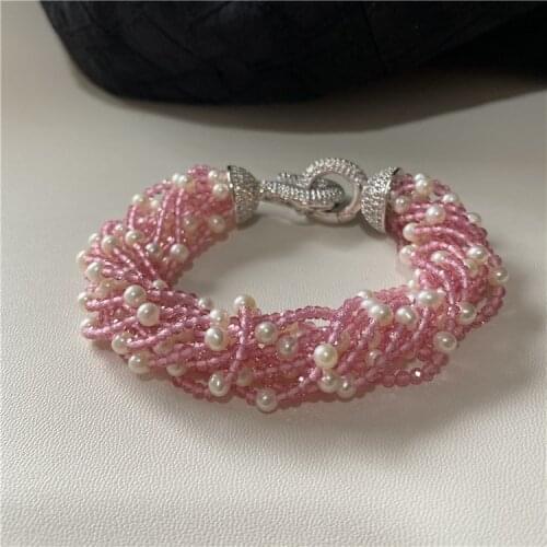 Multilayer Jewelry Natural 8" Pink Zircon Stone with White Pearl Bracelet CZ Clasp