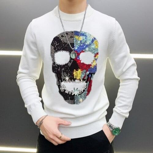 Fashion Winter Top Quality Skull Color Rhinestone Mens Sweater Hip Hop Brand Knitted Pullover