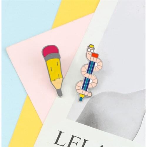 Cartoon Student Stationery Brooches Cute Insect Pen Pencil Enamel Pins Shirt Backpack Lapel Buttons Badge Jewelry Gift for Kids