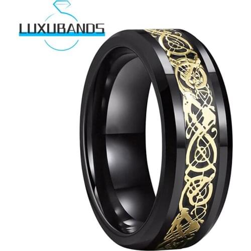 8MM Men Womens Wedding Rings Beveled Edges Black Carbon-Fiber Gold Dragon Inlay Polished Finish Comfort Fit