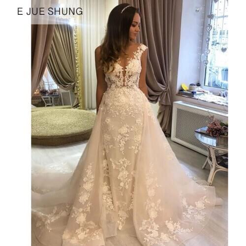 E JUE SHUNG White Luxury lace appliques Wedding Dresses Sheer Detachable Train Bridal Gowns Wedding Gowns