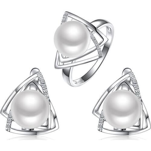 925 sterling silver jewelry pearl earring and ring fine jewelry set with 9-9.5mm natural freshwater pearl fashion jewelry