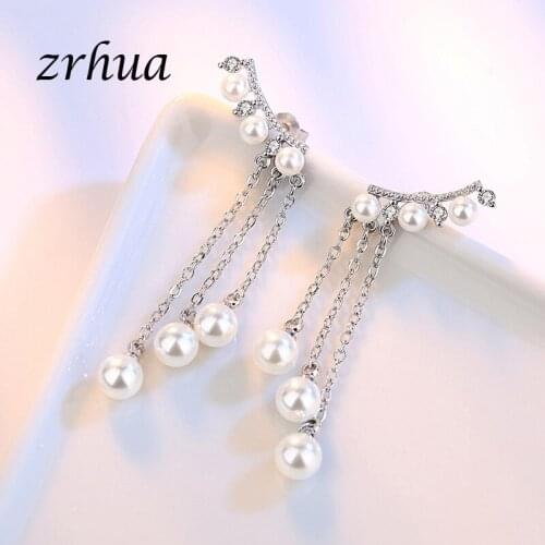 ZRHUA 925 Sterling Silver Earrings Long White Pearl For Women Dangle Brincos Personality Drop Tassel Luxury Cubic Zircon Jewelry