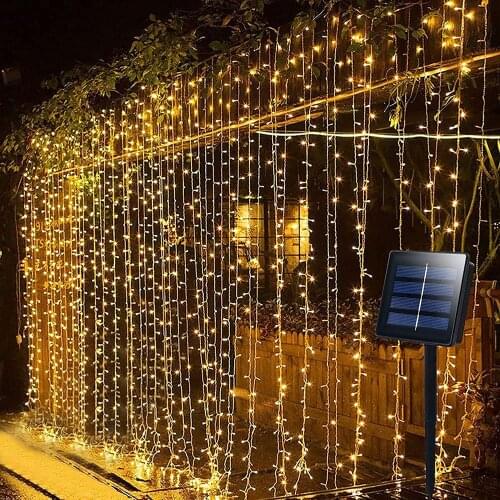 3x2/3x3m LED Solar Window Curtain String Light Outdoor Garden Curtain Light Lamp Christmas Wedding Holidays Party String Lights