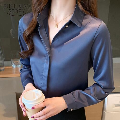 Spring Korean Fashion Silk Blouse Women Satin Solid Women Tops and Blouse Plus Size Office Lady Long Sleeve Women Shirts 10150