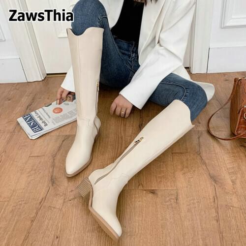 ZawsThia winter autumn cream white pointed toe chunky heels riding boots for woman goth women knee high boots big size 44 45 46