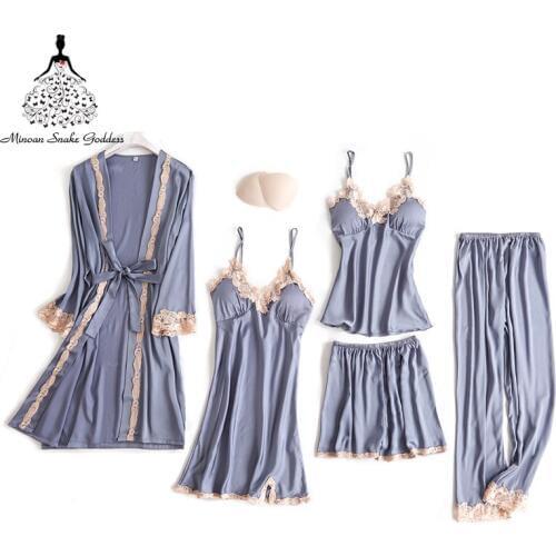 Women Pajamas 5 Pieces Sexy Pajamas For Women Satin Sleepwear Pijama Silk Home Clothing Lace Pyjama Femme Fashion With Chest Pad