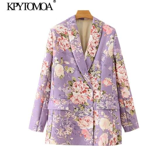 KPYTOMOA Women 2021 Fashion Double Breasted Floral Print Blazer Coat Vintage Long Sleeve Pockets Female Outerwear Chic Tops