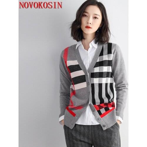Women Deep V Neck Printed Striped Slim Cardigan 2021 Knitted Long Sleeves Sweater Spring Outstreet Contrast Korean Knitwear