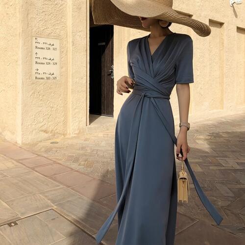 Elegant Satin Women Long Dress Vintage V-neck Bandage Slim Female Short Sleeve Party Evening Vestidos Casual Ladies Maxi Dress