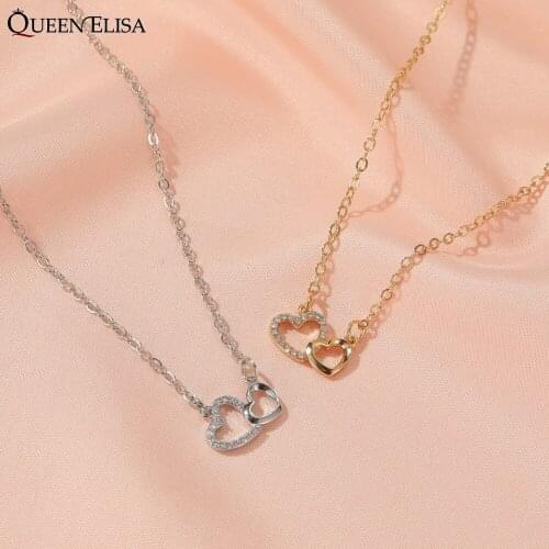 QUEEN ELISA Love Heart Clavicle Chain Korean Pendant Necklace for Women Gold Zircon Double Heart Necklaces Valentines Day Gift