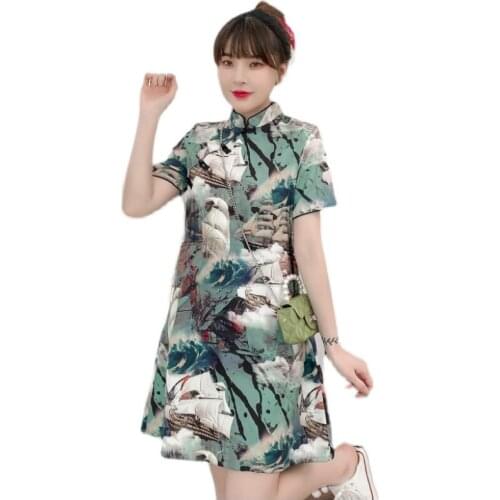 2021 New Retro Summer Casual Party Carnival Fashion Modern Cheongsam Dress Women Short Sleeve Qipao Traditional Chinese Clothes