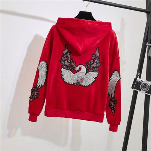 Plus Size 3XL Winter Warm Hoodies Sweatshirt Back Birds Embroidery Gold Velvet Short Hooded Sweatershirt Black Red