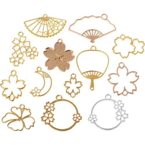 13 Pcs/Set Flower Metal Frame DIY UV Resin Jewelry Making Pendant Holder Hollow Fan Floral Shape Dry Flower Frames Findings