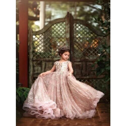 2020 Princess Luxury Little Girls Pageant Dresses Lace 3D Floral Appliqued Beads Jewel Neck Lace Flower Girl Dress for Wedding P