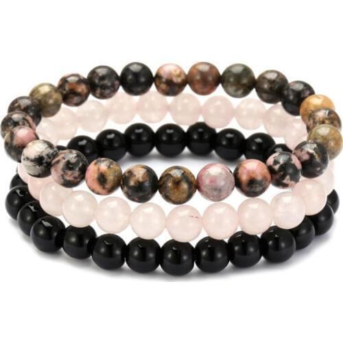 8mm Black Onyx Rhodonite Rose Quartzs Beaded Wrist Men Women Natural Stone Couple Bracelet Sets Stackable Mala Bracelets