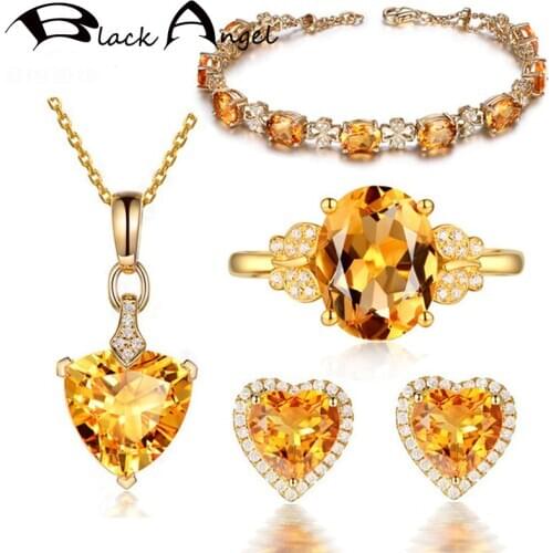 BLACK ANGEL 18k Gold Romantic Heart Shaped Citrine Yellow Gemstone Jewelry Set Bracelet Earrings Necklace Rings For Women Gift
